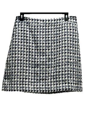 LOFT Navy White Geometric Print Boucle Metallic Tweed Skirt Size 8